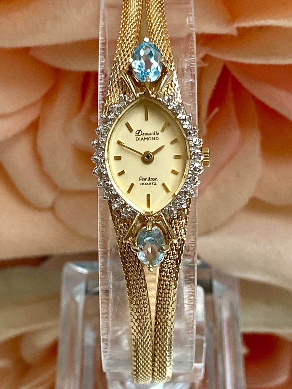 Vintage Deauville Diamond & Blue Topaz Accented Bezel Dainty Cocktail Watch